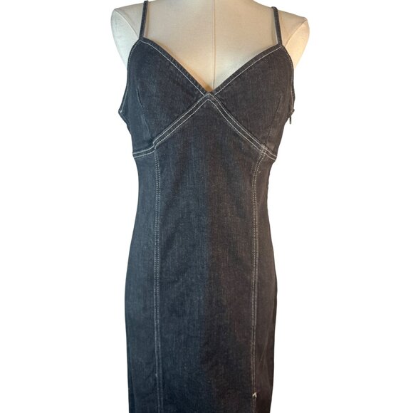 Topshop Size 8 Black Denim Spaghetti Strap Midi Front Slit Jean Dress - Picture 4 of 15